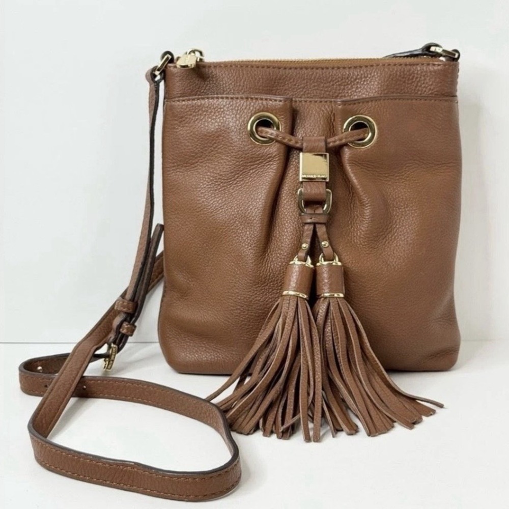 Michael Kors Brown Pebble Leather Camden Drawstring Crossbody Bag